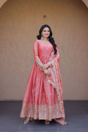 Women's Peach Embroidered Anarkali Gown Set with Dupatta | Festive & Wedding Wear