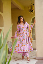 Women's Pink Cotton Silk Floral Digital Print Anarkali Suit Set with Dupatta