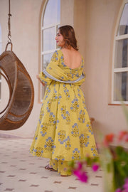 Women's Yellow Cotton Silk Floral Digital Print Anarkali Suit Set with Dupatta