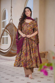 Women's Brown Cotton Silk Floral Digital Print Anarkali Suit Set with Dupatta