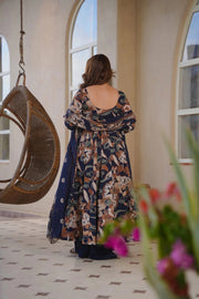 Women's Blue Cotton Silk Floral Digital Print Anarkali Suit Set with Dupatta