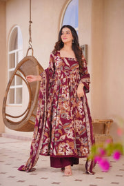 Maroon Cotton Silk Floral Anarkali Suit Set with Dupatta