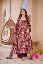 Women's Maroon Cotton Silk Floral Digital Print Anarkali Suit Set with Dupatta