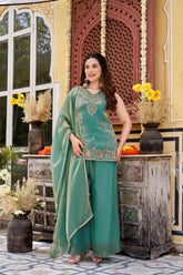 Sea Green Embroidered Fendy Satin Kurta Palazzo Set with Dupatta
