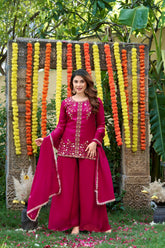 Blush Pink Embroidered Fendy Satin Kurta Palazzo Set with Dupatta
