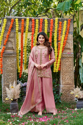 Rose Pink Embroidered Fendy Satin Kurta Palazzo Set with Dupatta