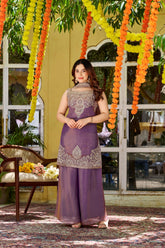 Lavender Embroidered Sleeveless Tissue Silk Palazzo Suit Set with Dupatta