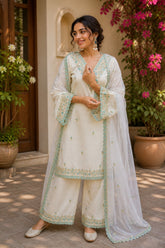 Ivory Embroidered Kurta Palazzo Set with Organza Dupatta