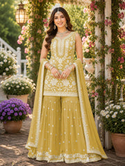 Mustard Chiffon Embroidered Sharara Suit Set with Dupatta | Party Wear | Free Size Stitched