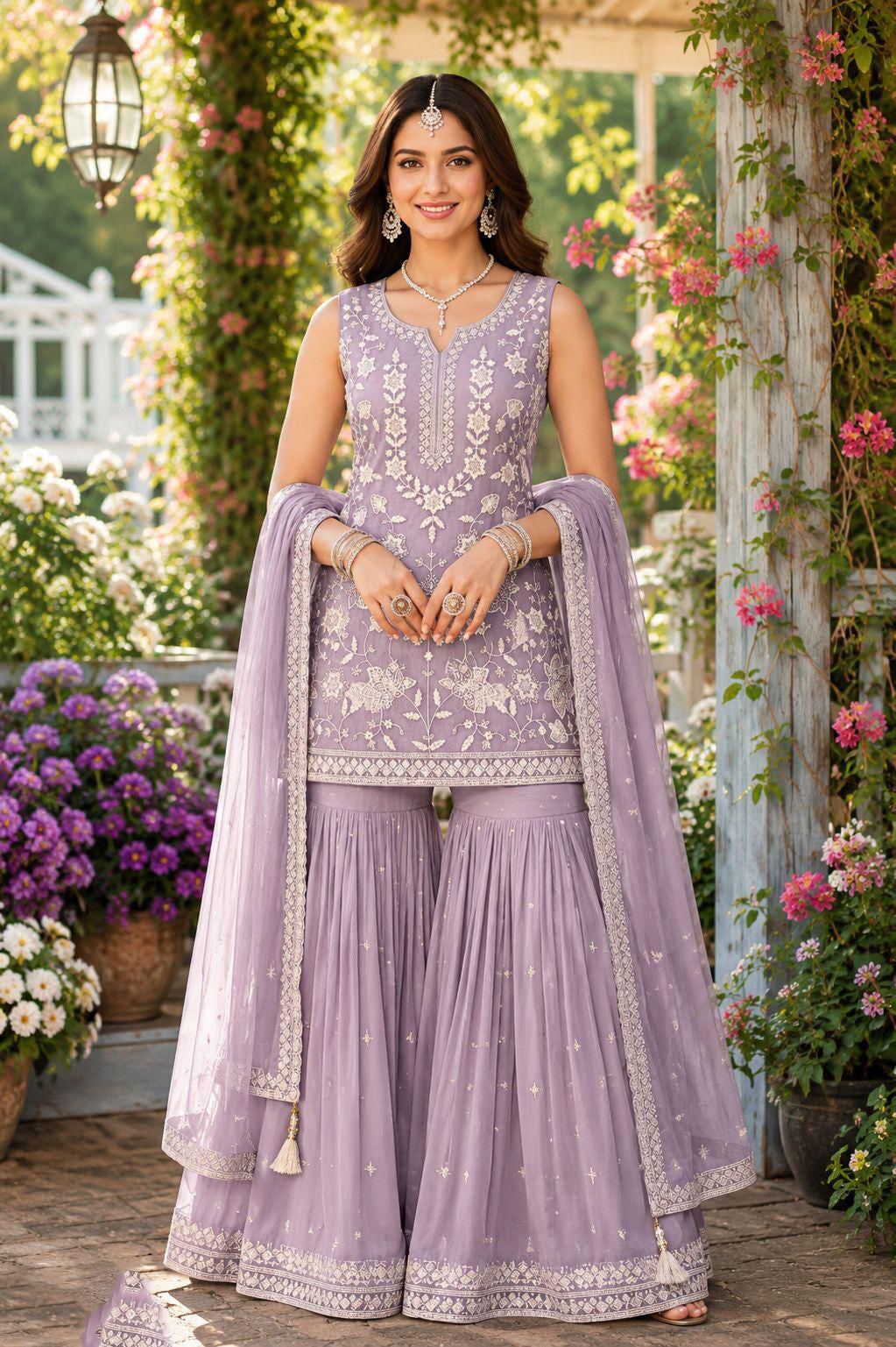 Lavender Chiffon Embroidered Sharara Suit Set with Dupatta
