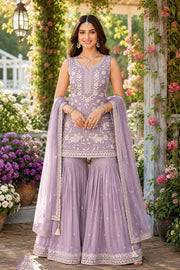 Lavender Chiffon Embroidered Sharara Suit Set with Dupatta | Party Wear | Free Size Stitched