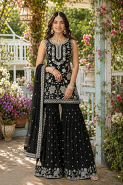 Black Chiffon Embroidered Sharara Suit Set with Dupatta | Party Wear | Free Size Stitched