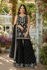 Black Chiffon Embroidered Sharara Suit Set with Dupatta | Party Wear | Free Size Stitched