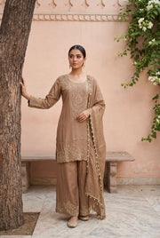 Beige Simmer Tissue Designer Embroidered Straight Suit Set with Dupatta | Party Wear | L-XXL