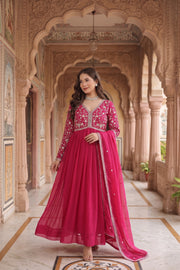 Women's Rani Pink Embroidered Anarkali Gown Set with Dupatta | Festive & Wedding Wear