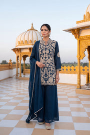Women's Royal Blue Designer Embroidered Chinon Palazzo Suit Set with Dupatta
