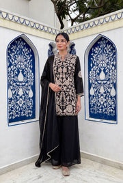 Women's Black Designer Embroidered Chinon Palazzo Suit Set with Dupatta