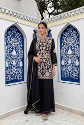 Women's Black Designer Embroidered Chinon Palazzo Suit Set with Dupatta