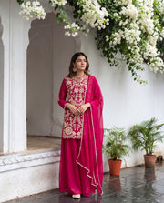 Women's Rani Pink Designer Embroidered Chinon Palazzo Suit Set with Dupatta