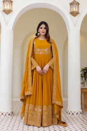 Mustard Georgette Embroidered Readymade Anarkali Gown with Dupatta