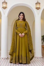 Olive Green Georgette Embroidered Readymade Anarkali Gown with Dupatta