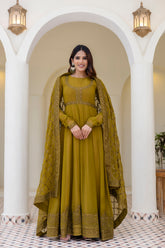 Olive Green Georgette Embroidered Readymade Anarkali Gown with Dupatta