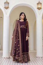 Wine Georgette Embroidered Readymade Anarkali Gown with Dupatta