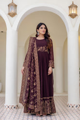Wine Georgette Embroidered Readymade Anarkali Gown with Dupatta