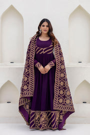Deep Purple Georgette Embroidered Readymade Anarkali Gown with Dupatta