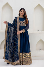 Navy Blue Georgette Embroidered Readymade Anarkali Gown with Dupatta