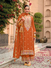 Rust Designer Embroidered Chinon Palazzo Suit with Dupatta