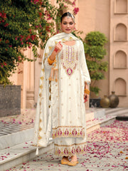 White Designer Embroidered Chinon Palazzo Suit with Dupatta