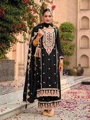 Black Designer Embroidered Chinon Palazzo Suit with Dupatta