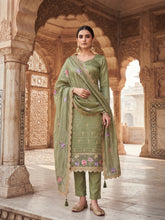 Olive Green Gold Silk Embroidered Semi-Stitched Salwar Suit with Dupatta