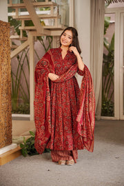 Women's Maroon Floral Printed Anarkali Kurta Set with Dupatta | Elegant Ethnic Wear
