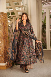 Women's Black Abstract Printed Anarkali Kurta Set with Dupatta | Stylish Ethnic Wear