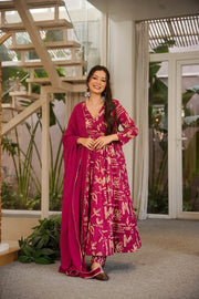 Women's Pink Floral Printed Anarkali Kurta Set with Dupatta | Festive Ethnic Wear