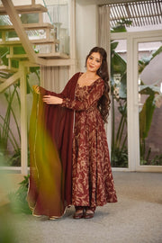 Women's Brown Floral Printed Anarkali Kurta Set with Dupatta | Elegant Ethnic Wear