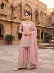 Pink Viscose Embroidered Palazzo Suit Set with Silk Dupatta