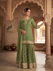 Green Viscose Embroidered Palazzo Suit Set with Silk Dupatta