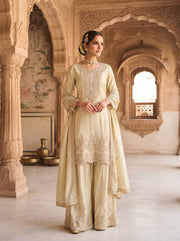 Off-White Viscose Embroidered Palazzo Suit Set with Silk Dupatta