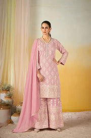 Pink Viscose Embroidered Palazzo Suit Set with Silk Dupatta