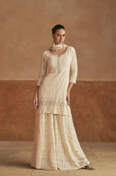 Off-White Viscose Embroidered Palazzo Suit Set with Silk Dupatta