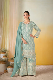 Sky Blue Viscose Embroidered Palazzo Suit Set with Silk Dupatta
