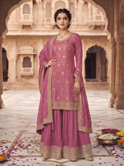Purple Chinon Embroidered Palazzo Suit Set with Dupatta