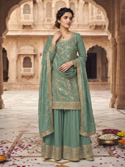 Blue Chinon Embroidered Palazzo Suit Set with Dupatta