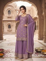 Lavender Chinon Embroidered Palazzo Suit Set with Dupatta