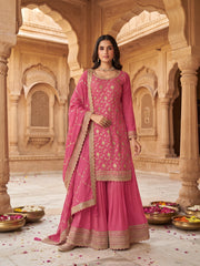 Pink Chinon Embroidered Palazzo Suit Set with Dupatta