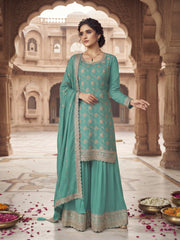 Firozi Chinon Embroidered Palazzo Suit Set with Dupatta
