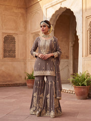 Grey Chinon Embroidered Sharara Suit Set with Dupatta